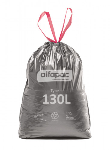 Sac à déchets avec lien coulissant plastique gris 130 L 42 microns Alfapac (15 pièces)